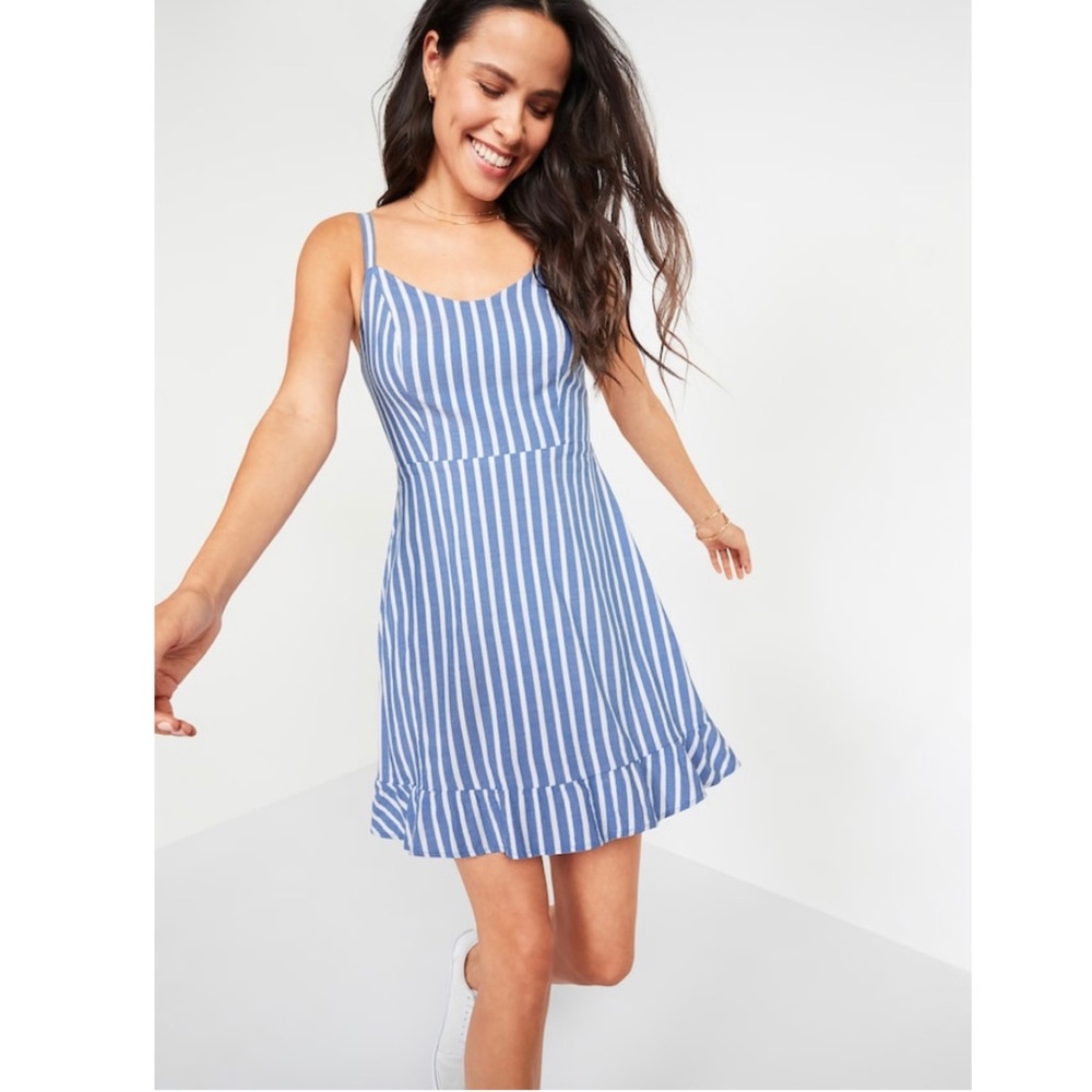 Dobby-Stripe Ruffle-Hem Fit & Flare Dress
